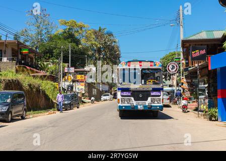 The main street through the small town Ella. The town is a major tourist spot in the highlands of Sri Lanka. The famous area has a rich Stock Photo