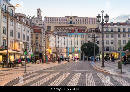 View from the Rossio square up to the Carmo convent situated in the upper district Bairro Alto Stock Photo