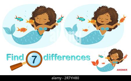 Logical game for children education. Find the differences in the picture. Illustration of beautiful girl mermaid with fish Stock Vector