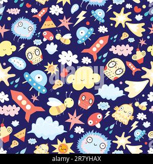 seamless pattern of clouds and cheerful animals and aircraft on a dark blue background Stock Vector