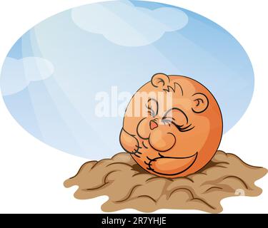 Groundhog Day. Marmot peeks out from his burrow on the sun's rays. Vector illustration. Stock Vector