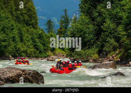 Rafting on the Luetschine near Interlaken, Luetschine mountain river on Lake Thun in Switzerland Stock Photo