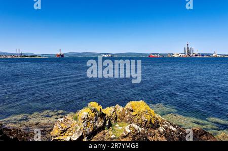 Cromarty Scotland Cromarty Firth blue sky and looking across to Cromarty and Nigg from the shore of South Sutor  in early summer Stock Photo