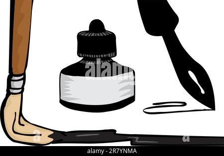 Paintbrush, ink pen and bottle isolated over white Stock Vector