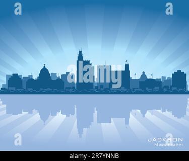 Jackson, Mississippi skyline illustration with reflection in water Stock Vector