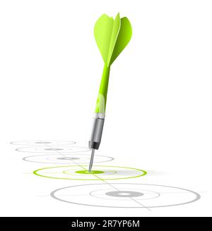 marketing strategy symbol. One green dart hitting the center of a target with many grey other targets in a row. Vector file, white background Stock Vector