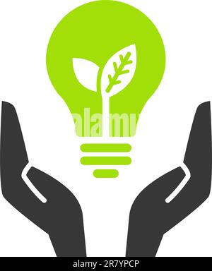 Hands holding green ecology light bulb, vector icon Stock Vector