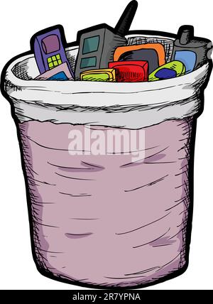 Obsolete mobile phones and handheld games in trash can Stock Vector
