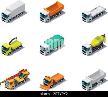Set of isometric generic trucks (different types) Stock Vector