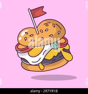 burger with fried egg and mini flag cartoon style illustration vector illustration Stock Vector
