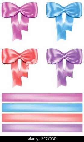 Colorful bow and ribbon set for gifts, cards, boxes and decorations. Vector illustration Stock Vector