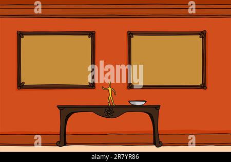 Interior view of wall with table and blank picture frames Stock Vector