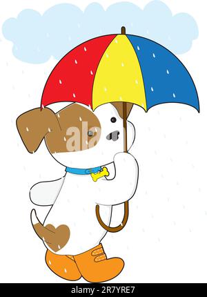 A cute puppy in the rain, is wearing rubber boots and carrying an umbrella. Stock Vector