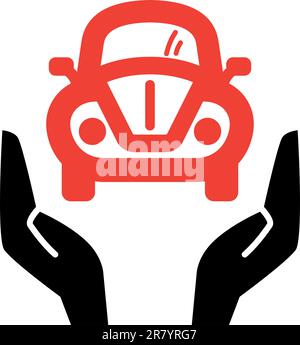 Hands holding red retro car, vector icon Stock Vector