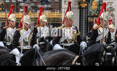 London, England, UK. 17th June, 2023. Mounted troups in full ceremonial uniform. The annual Trooping The Colour parade to celebrate the birthday of the monarch, His Royal Highness King Charless III, attended by the Royal Family. Credit: Edler Images/Alamy Live News Stock Photo