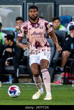 June 17 2023 San Jose, CA USA Portland defender Zac McGraw (18)kicks the ball at midfield during the MLS game between Portland Timbers and the San Jose Earthquakes. The game ends in a tie 0-0 at PayPal Park San Jose Calif. Thurman James/CSM Stock Photo