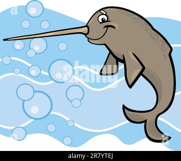 cartoon illustration of narwhal in the water Stock Vector