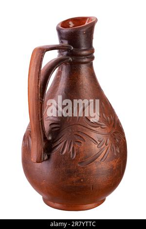 Clay jug with a narrow neck liquid for water or wine, isolated on white background. Full depth of field. File contains clipping path. Stock Photo