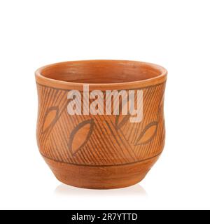 Clay cup with ornament, without handle. Country style. Isolated on white background. File contains clipping path Stock Photo