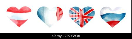 Set of French, Russian, Austrian and UK flag hearts. Hand drawn watercolor isolated on white background. Stock Photo