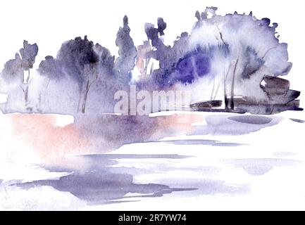 Abstract watercolor landscape painting  in neutral сиреневых and brown, hand drawn original painting on paper Stock Photo