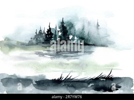 Foggy landscape, firs, river. Hand drawn watercolor illustration. Design for background, template, wallpaper, wall, interior, book page. Stock Photo
