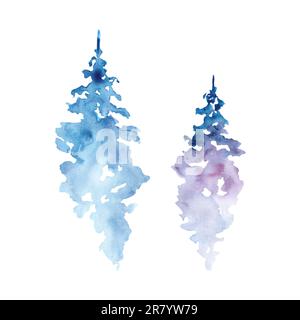 Forest watercolor abstract blots. Blue and lilac Christmas trees and pines Stock Photo