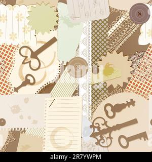 vector seamless pattern with scrapbook design elements: vintage key, torn pieces of paper, splashes of coffee, napkins Stock Vector