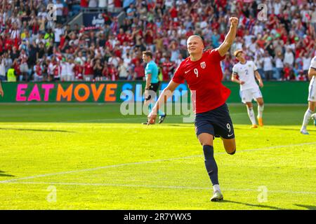 Oslo, Norway, 17th June 2023.  Norway's Erling Braut Haaland celebrates scoring a penalty in the UEFA Euro 2024 qualifier between Norway and Scotland at Ullevål Stadium in Oslo    Credit: Frode Arnesen/Alamy Live News Stock Photo