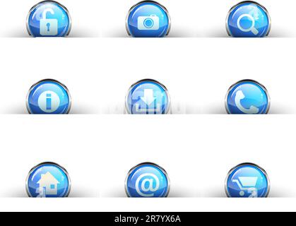 Set of nine glossy circular icons: locked, photo, search, info,download, phone, home, contact and cart icon. Stock Vector