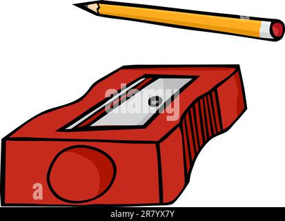 Pencil and plastic pencil sharpener isolated over white background Stock Vector