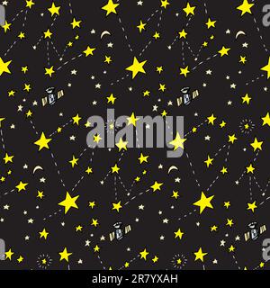 Seamless background of stars, moons and satellites over black Stock Vector