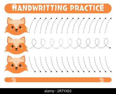 Tracing lines with cute fox. Handwriting practice.  Stock Vector