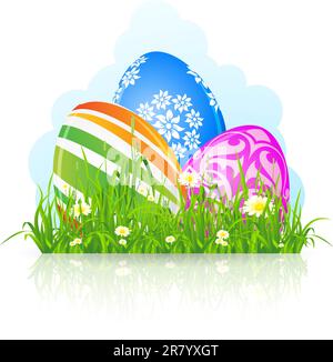 Three Easter eggs in the green grass isolated on white background Stock Vector