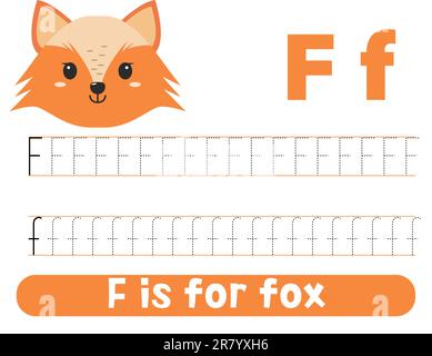 Tracing alphabet letter F with cute fox. Worksheet for children. Stock Vector