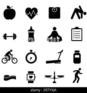 Fitness and diet icon set in black Stock Vector