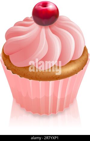 Illustration of a  pink fairy cake cupcake with cherry on top Stock Vector