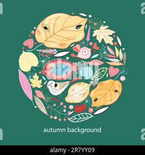 background from autumn leaves berries and birds on the dark green Stock Vector