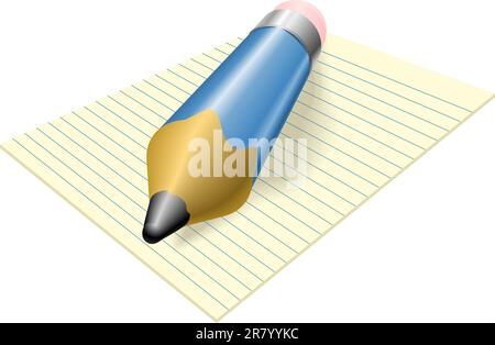 Illustration of a blue pencil with eraser on a pad of lined paper Stock Vector
