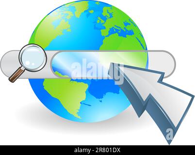 Conceptual internet illustration with search bar over world globe and arrow cursor Stock Vector