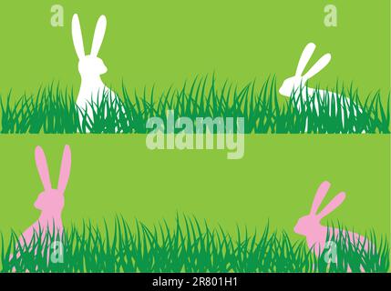 easter bunnies sitting in green grass, vector background Stock Vector