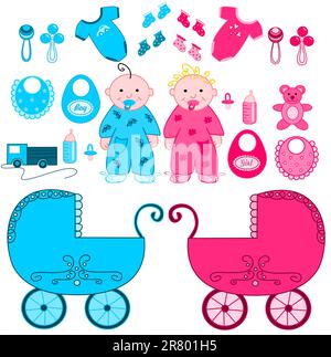 Illustration of baby girl and baby boy with accessories Stock Vector