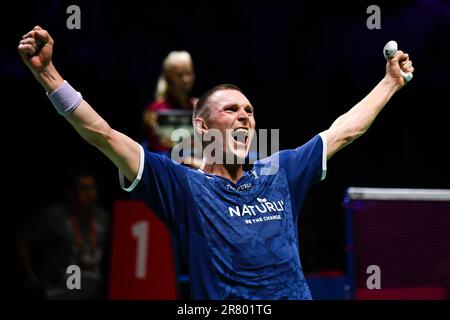 Jakarta, Indonesia. 18th June, 2023. Viktor Axelsen of Denmark celebrates after winning the men's singles final match against Anthony Sinisuka Ginting of Indonesia at Indonesia Open 2023 in Jakarta, Indonesia, June 18, 2023. Credit: Xu Qin/Xinhua/Alamy Live News Stock Photo