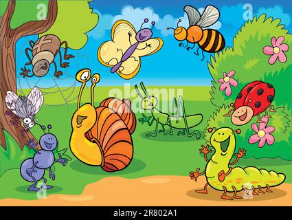 cartoon illustration of funny insects on the meadow Stock Vector