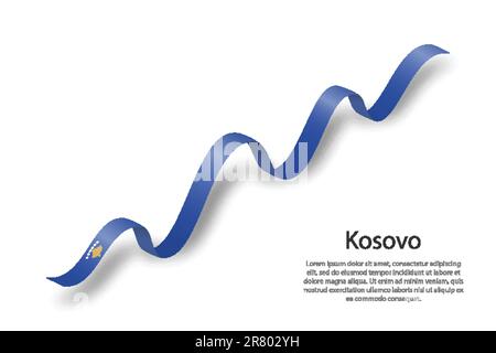 Waving ribbon or banner with flag of Kosovo. Template for independence day Stock Vector