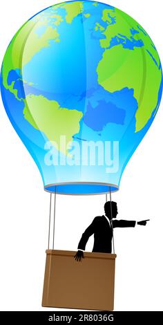 Conceptual illustration of a business man in a business suit in a hot air balloon with a world globe on it pointing forward and going ahead. Stock Vector