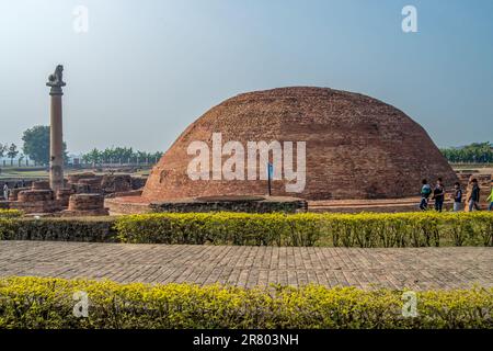 12 19 2014 Vintage Brick Stupa And Lion Pillar Kolhua Vaishali Bihar India Asia. Stock Photo