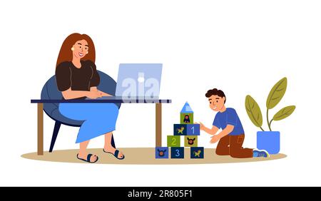 Young Businesswoman Mother Freelancer Working Remotely on Laptop at Home.Business woman on Laptop in Child Care Decree and maternity leave.Mom Study o Stock Photo