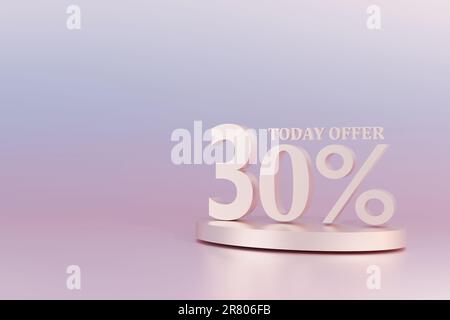 3D Rendering. 30 percent off with freespace for texting on pastel pink background. Special Offer 30% Discount Tag. Super sale offer and best seller. Stock Photo
