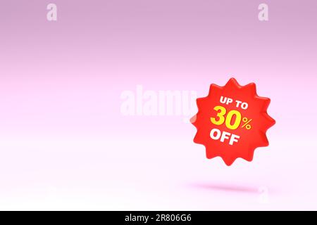 3D Rendering. 30 percent discount icon and free space for texting on pastel pink background. Special Offer 30% Discount Tag. Super sale offer and best Stock Photo